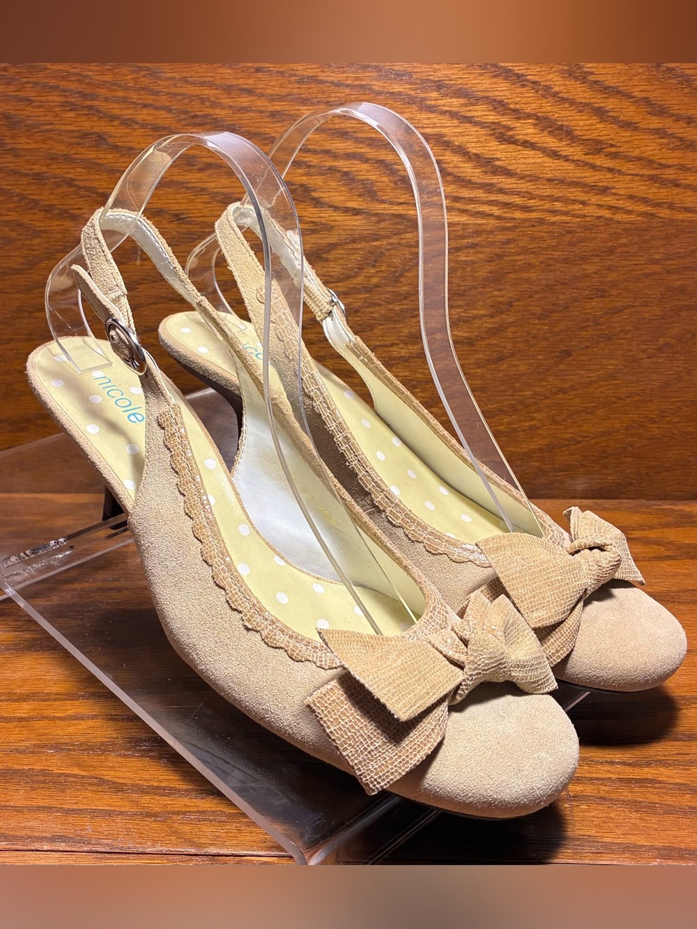 Y2K VTG Nicole Lizard Embossed Bow & Trim Slingback Kitten Heels Tan Suede 7.5